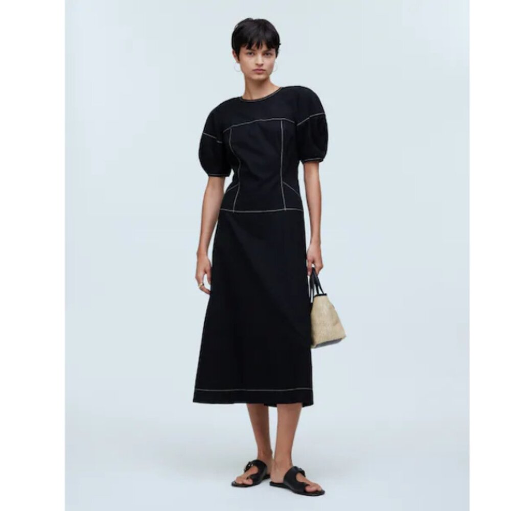 Madewell Black Puff-Sleeve Midi Dress with Contrast Stitching